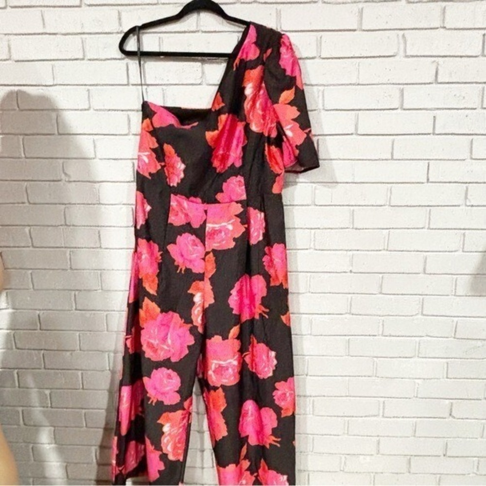 ASOS Floral Rose Print One Shoulder Wide Leg Jumpsuit Black Pink Orange Boho 14